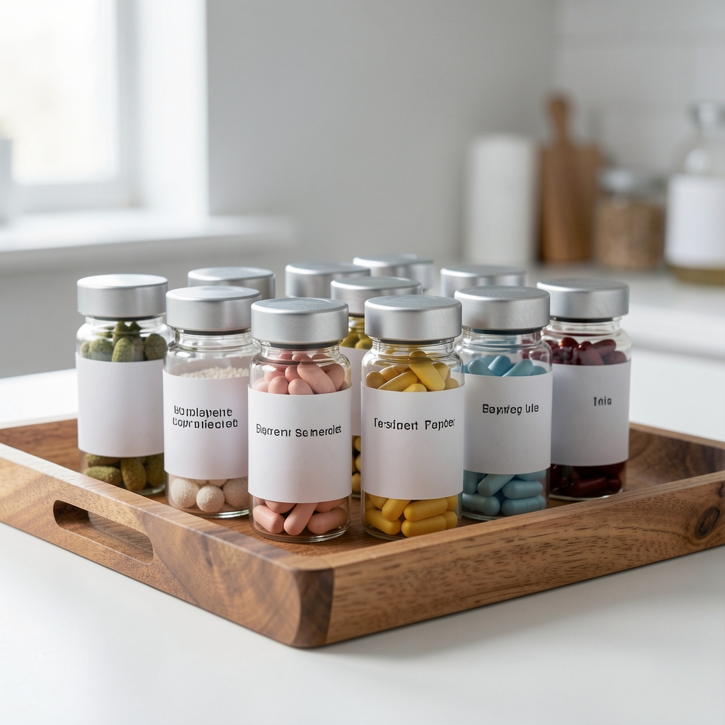 Close-up of supplement ingredient samples in labelled glass vials arranged on a wooden tray in a clean workspace environment