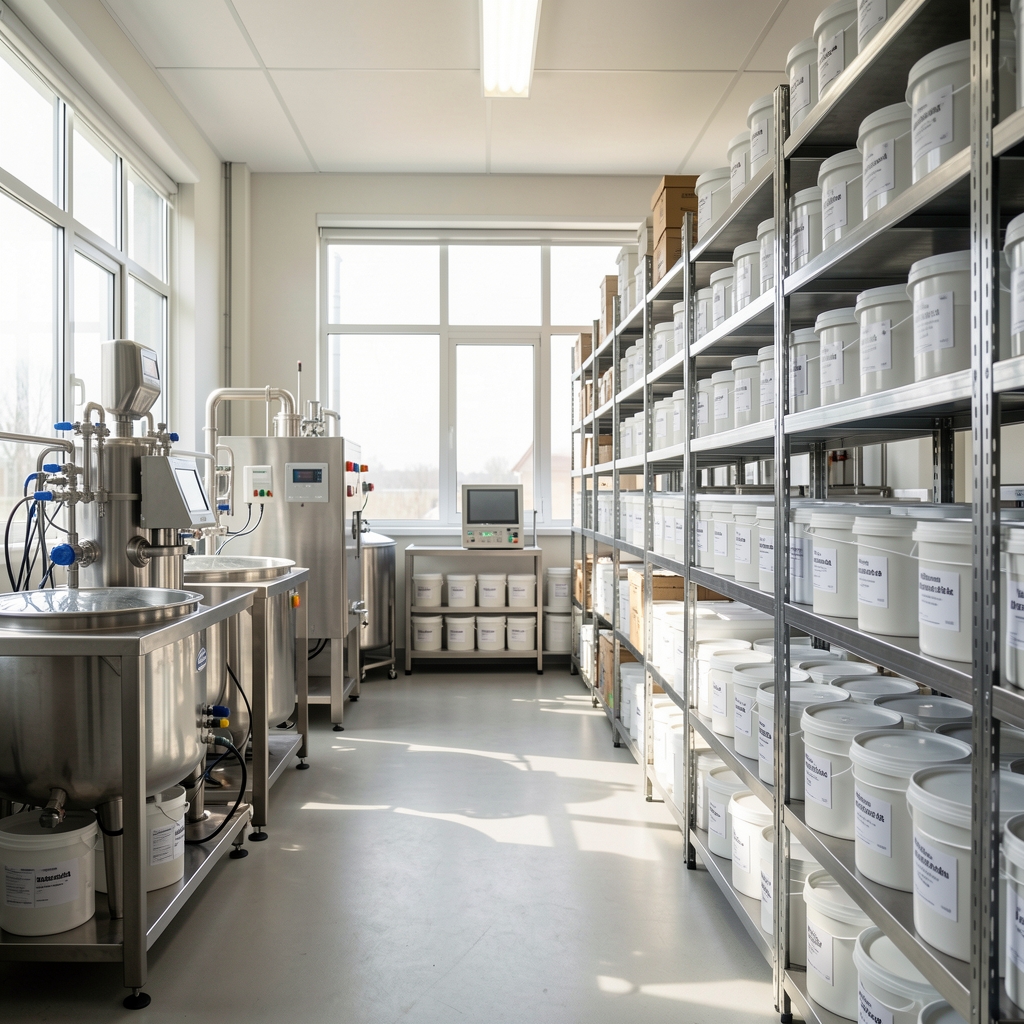 Wide interior shot of the Eloma Jakarta formulation facility with equipment, natural light, and rows of labelled batch containers on steel shelving