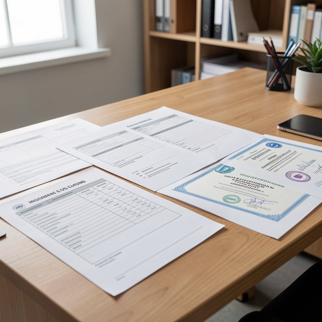 Printed ingredient sourcing documentation spread on a table showing chain-of-custody forms and supplier certificates in a well-lit workspace