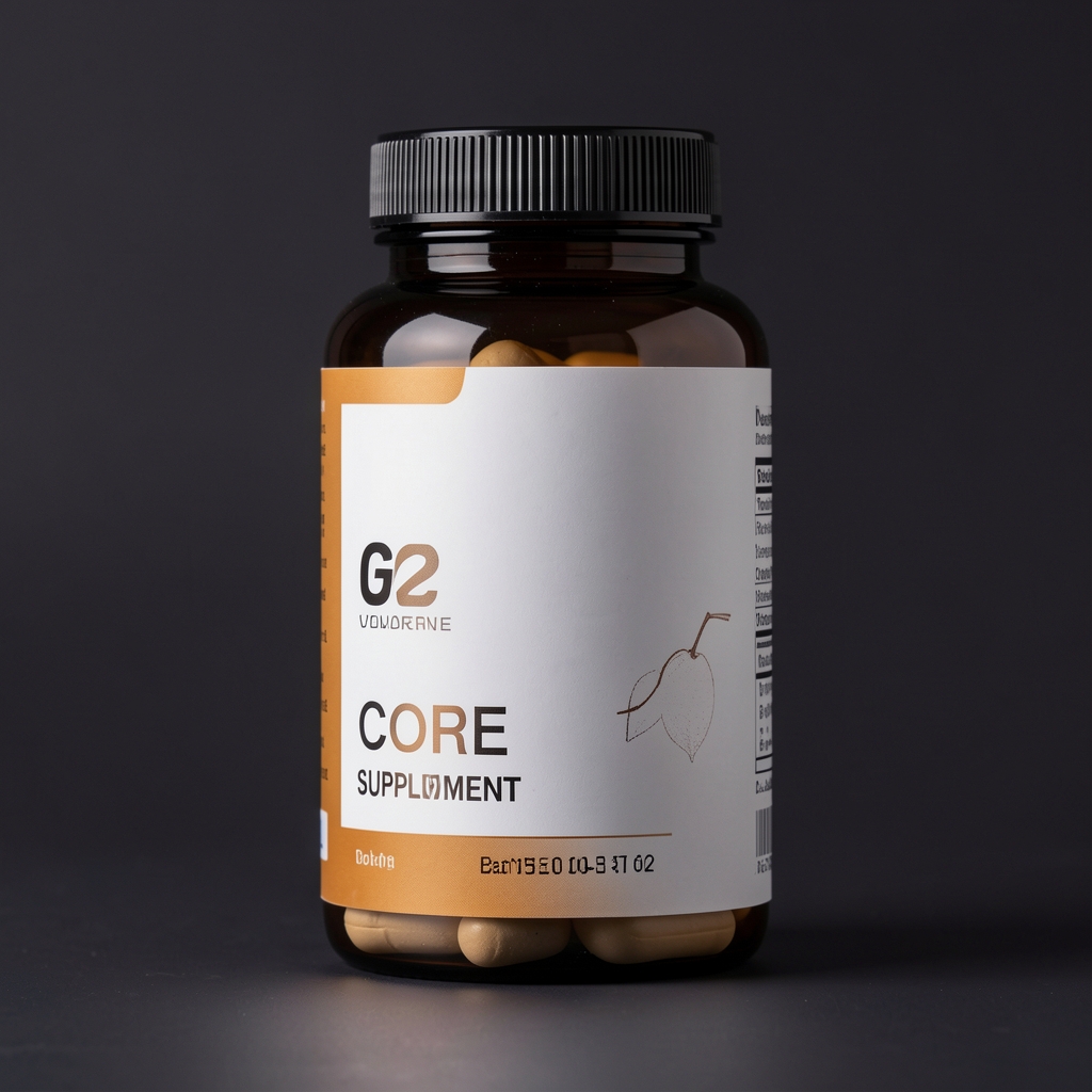 Eloma Daily Core supplement bottle on dark background with visible label, batch code printed clearly in controlled lighting