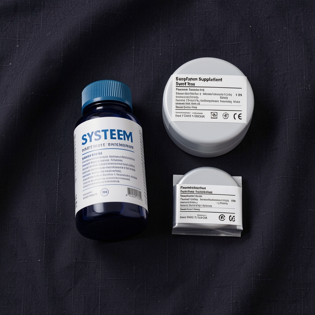 Eloma Complete System supplement set displayed flat on dark linen fabric with label detail visible in clean workspace lighting